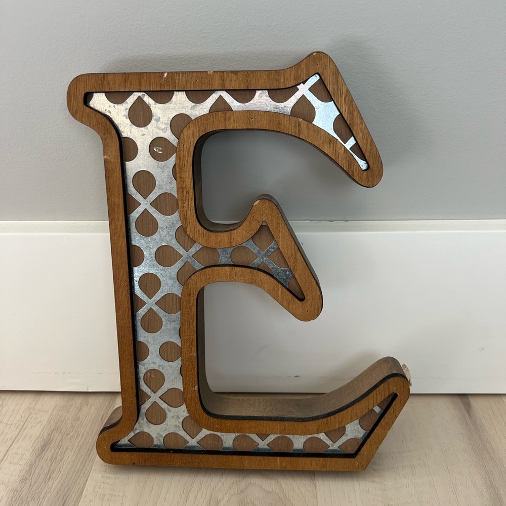 Wooden Letter E with Metal Inlay